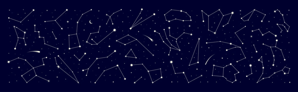 Star constellation border with night sky map in background, vector zodiac signs. Stars constellation border with galaxy starry sky for mystic astrology, esoteric magic and horoscope or space astronomy