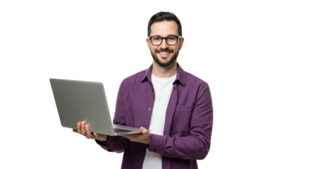 Young caucasian man in purple jacket, glasses, holding open silver laptop, smiling confidently on transparent background, embodying modern digital connectivity and remote work solutions