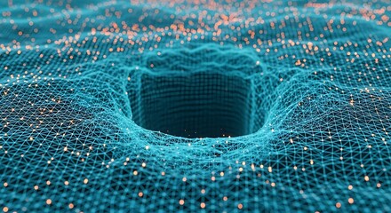 Abstract glowing blue digital network with central vortex and orange data points