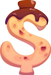Dessert font, sweet candy type and pastry typeface for bakery and confectionery, cartoon vector. Dessert font dollar sign as sweet cake or biscuit cookie typeface chocolate cream or fudge syrup