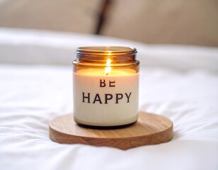 A lit candle on a bed, with the words "BE HAPPY" on it. Soft, warm light