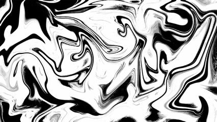 Abstract monochrome digital artwork with swirling black and white liquid marble textures. Fluid patterns create a sense of motion and chaos, resembling paint poured and swirled.