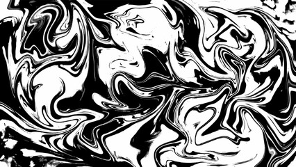 Abstract monochrome digital artwork with swirling black and white liquid marble textures. Fluid patterns create a sense of motion and chaos, resembling paint poured and swirled.