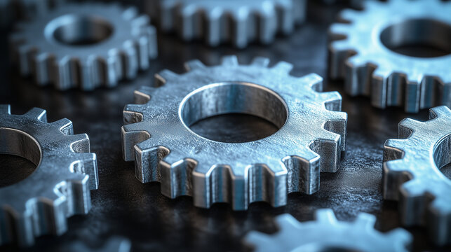 Numerous metallic gears are precisely arranged on a dark industrial background, highlighting the intricate details of mechanical systems.