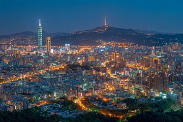 Obraz premium A stunning panoramic view of a vibrant city skyline illuminated at night.