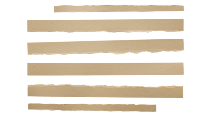 Aged light brown paper strips with natural torn edges and subtle texture, carefully arranged on a transparent surface with ample copy space, soft studio lighting for depth, concept for vintage