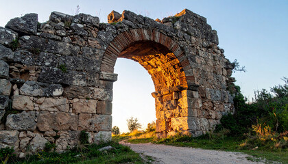 Ancient stone archway glowing in sunset light. Mystical stone ruins. Weathered stone arch.