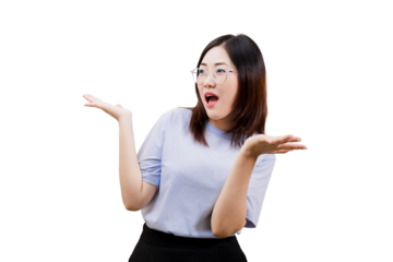 Asian young beautiful woman with glasses gesturing expressively, displaying surprise or excitement, while wearing a light blue shirt and black pants.