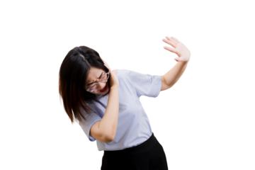 Asian young beautiful woman with glasses is playfully dabbing, wearing a light blue shirt and black pants, expressing a fun and energetic vibe.