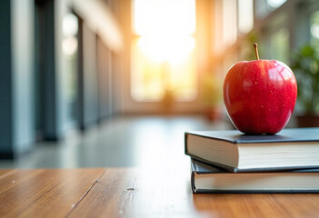 Red apple standing on textbooks, blurred university hallway, concept of education, school, academic life. 