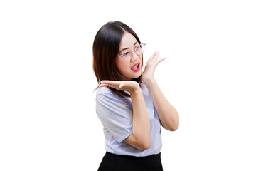 Fototapeta premium A cheerful Asian young beautiful woman with glasses, expressing excitement and joy with her hands raised in a playful manner.