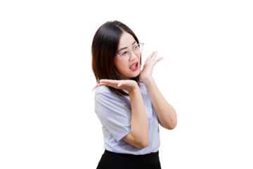 A cheerful Asian young beautiful woman with glasses, expressing excitement and joy with her hands raised in a playful manner.
