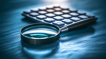 Magnifying Glass, Calculator, and Pen on Blue Desk,  Detailed Closeup for Finance and Audit Concepts