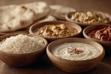 A beautifully arranged selection of rich and flavorful Indian curries with rice.