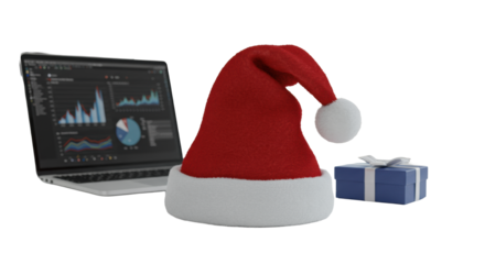 A classic, plush red santa claus hat with white trim and pom-pom on a minimalist white desk with an elegant gift box, blurred laptop in background. Corporate holiday celebration concept