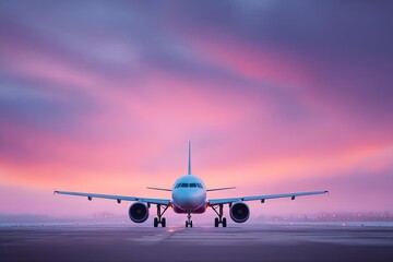 Obraz premium A vibrant sunset behind an airplane at the airport, showcasing travel and adventure.