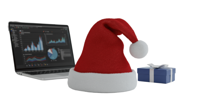 A classic, plush red santa claus hat with white trim and pom-pom on a minimalist white desk with an elegant gift box, blurred laptop in background. Corporate holiday celebration concept