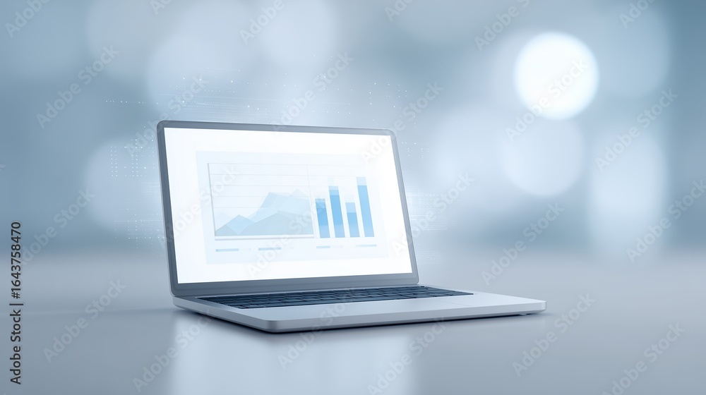 Poster laptop displaying financial data with bar graphs and line charts on screen, set against a blurred ba