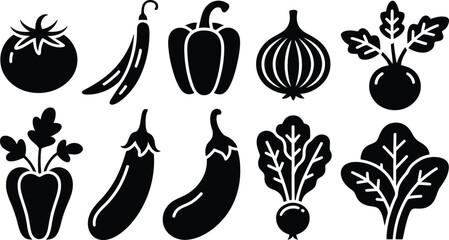 Fresh farm produce silhouette collection featuring fruits vegetables and herbs