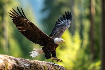 Obraz premium A majestic eagle in flight, showcasing its powerful wings and sharp gaze in nature.