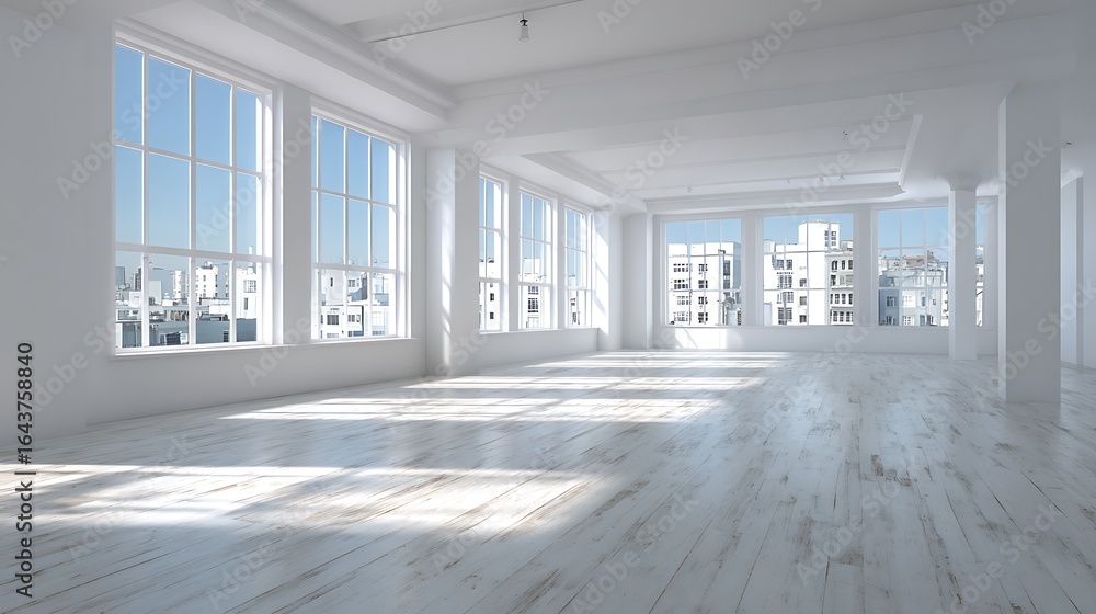 Poster bright and spacious empty room with large windows and urban view