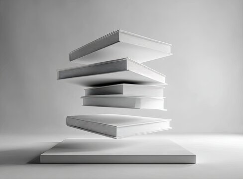 Stack of white books levitating over a white platform
