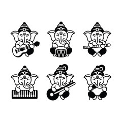 Six stylized ganesha icons playing a different musical instrument. Ideal for music festival posters, cultural event promotions, and spiritual designs.