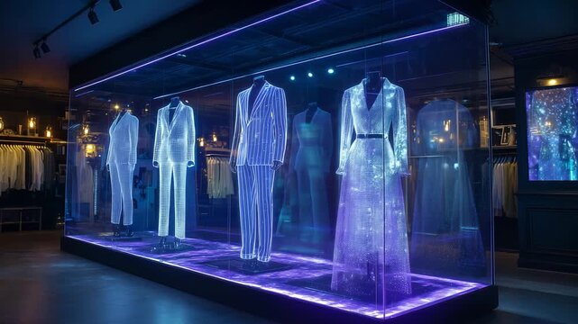 Holographic outfits are showcased in a contemporary retail environment at night. Smart shopping and innovations
