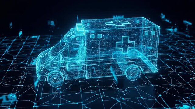 Glowing ambulance outline digital render Represents emergency response modern technology healthcare innovation A connected network symbolizes rapid assistance within a dark grid - Powered by Adobe