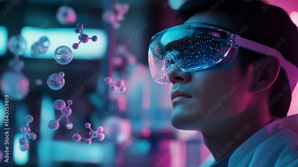 Poster a scientist man examines molecular structures using advanced virtual goggles in a high tech laborato