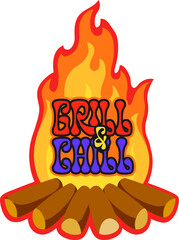 Barbeque bonfire, steak BBQ grill retro Y2K sticker or print. Beef barbeque vintage Y2K vector sticker, meat farm or shop BBQ patch. Beefsteak meal retro tag with firewood logs in bonfire fire flames