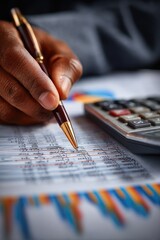 Close-up of a person's hand reviewing financial documents with a pen and calculator