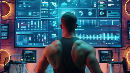 A fitness man reviews workout data and performance metrics in a futuristic gym setting during a training session - Powered by Adobe