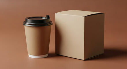 Eco-friendly brown paper coffee cup with a black lid beside a plain cardboard box, representing sustainable takeaway packaging solutions for beverages.
