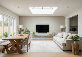 A bright and spacious modern living and dining room with a skylight and comfortable seating