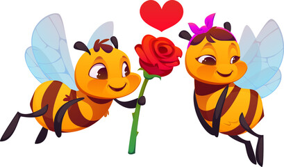 Cartoon cute honey bee characters. Vector sweet honey bees couple in love. One insect offers a red rose to the other. Bright red heart floats above them. Funny personages with emotional expressionsV