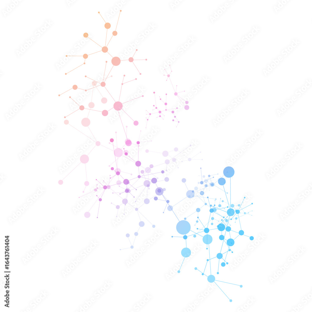 Poster abstract molecular network structure with gradient nodes and connecting lines in blue and purple ton
