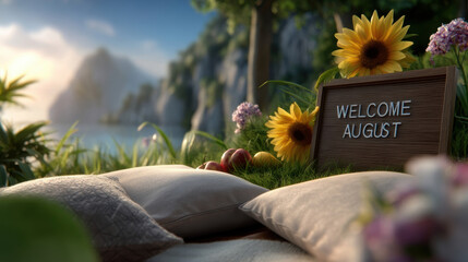Cozy outdoor setting with sunflowers, pillows, and Welcome August sign creates warm, inviting atmosphere