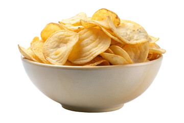 Bowl of potato chips on white background for snack and fast food crispy treat concept photography
