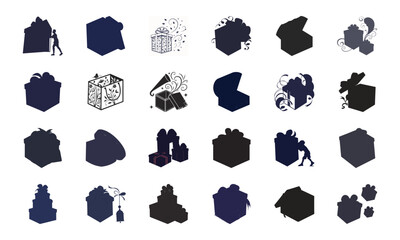 Collection of Creative Gift Box and Present Icons with Ribbons, Silhouettes, Decorative Patterns, and Celebration Elements for Holidays and Special Occasions