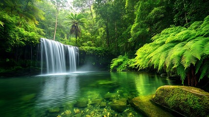 Waterfall cascading into a clear pool surrounded by lush green foliage in a tropical forest setting