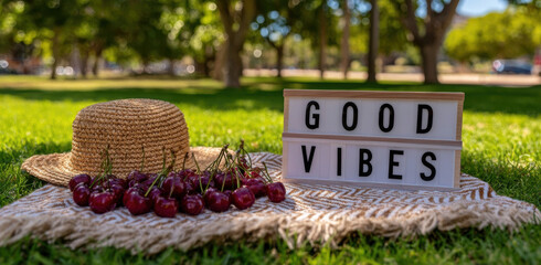 Straw hat and fresh cherries on picnic blanket with Good Vibes sign create cheerful outdoor scene