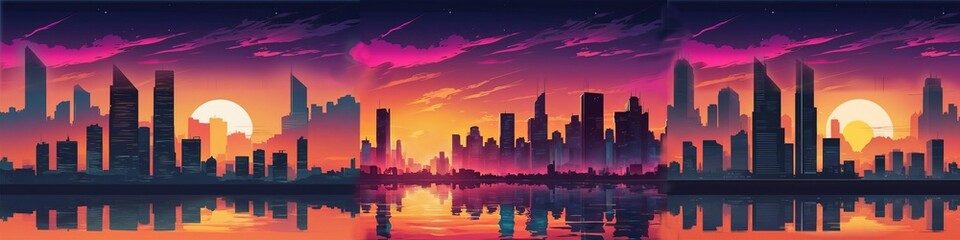 Fototapeta premium Futuristic city skyline at sunset with vibrant reflections.