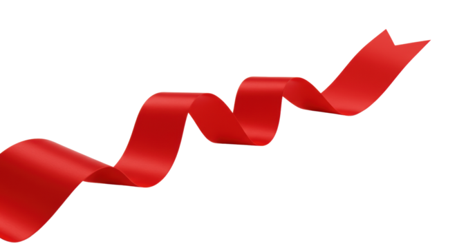 A vibrant red satin ribbon unfurling in a smooth, dynamic curve with subtle highlights, sweeping across a transparent background with copy space. Concept of strategic clarity and forward movement