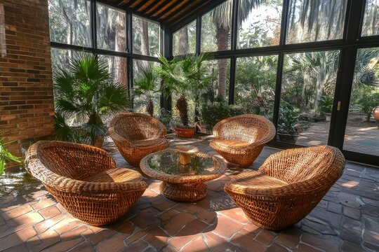 Sunlit conservatory with wicker seating arrangement, glass-top coffee table, terracotta tile floor, and abundant greenery visible through expansive windows