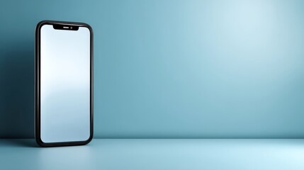 Modern black smartphone mockup with blank screen floating against a light blue background, minimalistic and sleek design emphasizing technology, digital, and communication themes