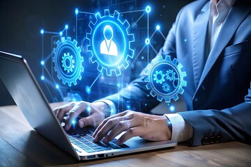 Businessman working on laptop with futuristic digital interface and glowing network connections