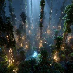Obraz premium Enchanted Forest with Glowing Plants and Ethereal Light Beams