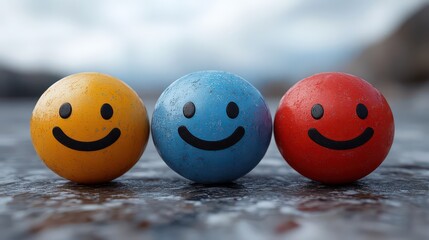 Three colorful smiley face spheres on a textured surface.