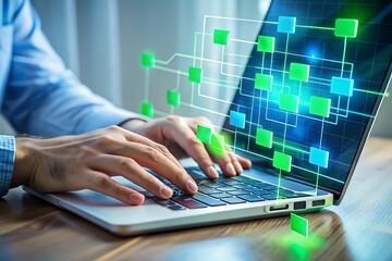 Hands typing on laptop with glowing digital network overlay